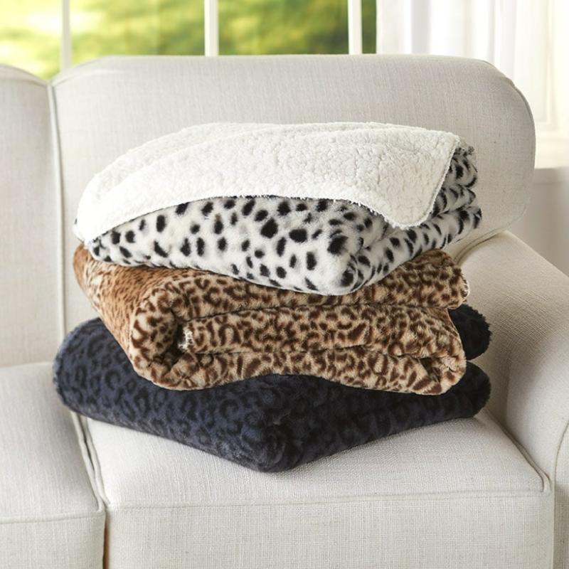 Faux Fur Sherpa-Backed Animal Print Throws  |   Throws & Accent Pillows Home Decor Brown