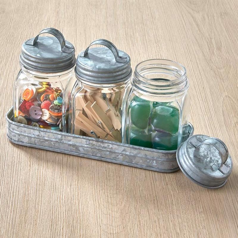 Set Of 3 Glass Canisters In Galvanized Tray  |   Bathroom Bathroom Bathroom